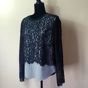 Vineyard Vines Women's Lace Overlay Blouse Black White Large Striped Lined